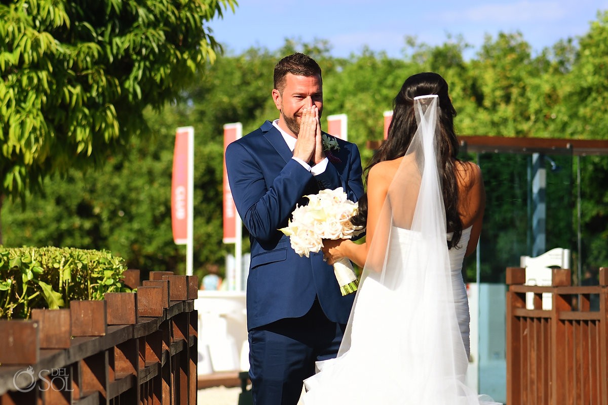 Groom reaction first look beach destination wedding, Paradisus Gabi Brigde, Riviera Maya, Mexico