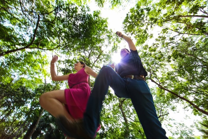 dynamic jumping cenote photo adventure Jungle engagement portraits Riviera Maya Mexico