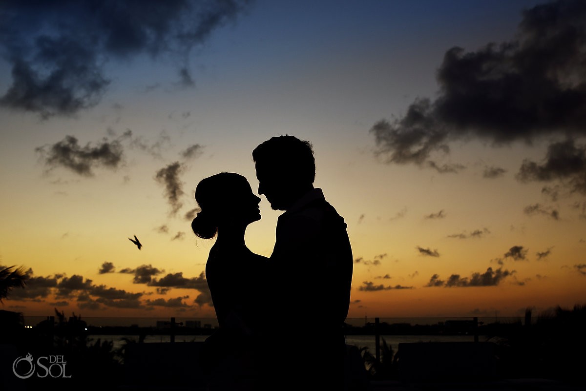 Sunset golden hour beach destination wedding portrait, Hyatt Zilara, Cancun, Mexico