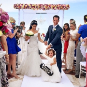 Cute flower girl sign happily ever after destination wedding ceremony Beach Palace sky deck, Cancun, Mexico #travelforlove