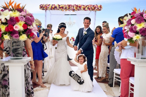 Cute flower girl sign happily ever after destination wedding ceremony Beach Palace sky deck, Cancun, Mexico #travelforlove