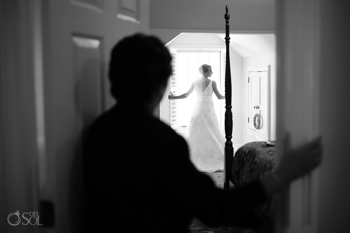 black and white photo of a bride wearing a Wedding Dress by Alfred Angelo