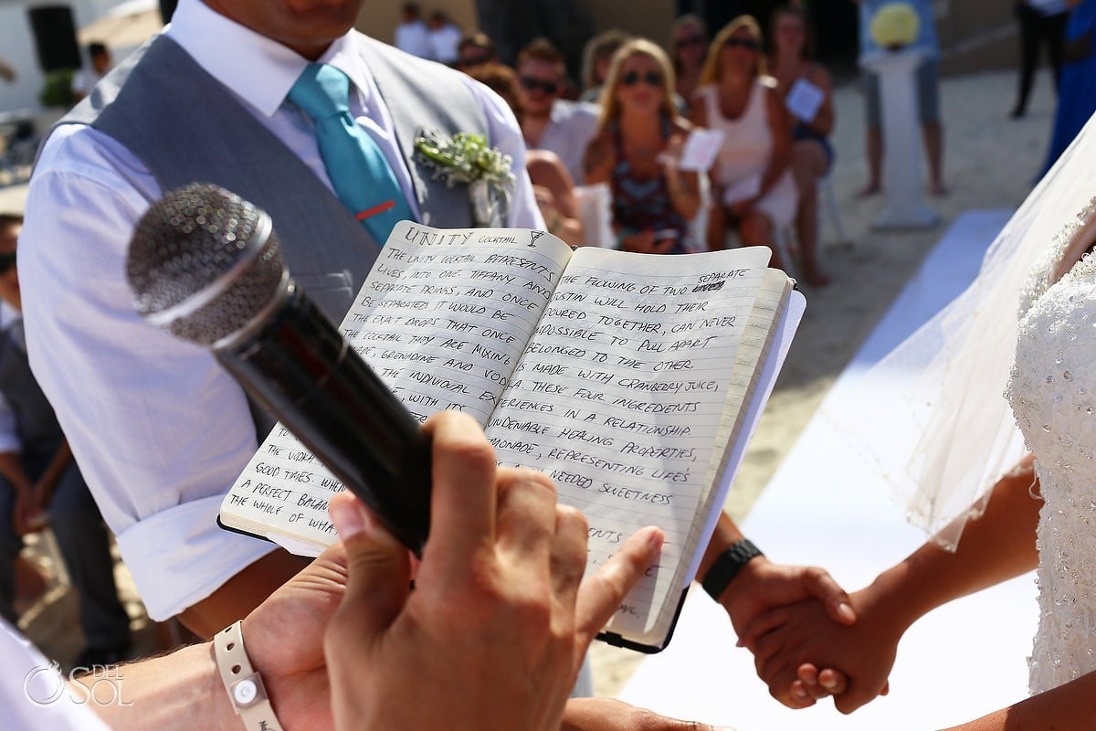 Destination wedding officiant reads unity ceremony cocktail recipe fun wedding ideas Hard Rock Hotel Cancun