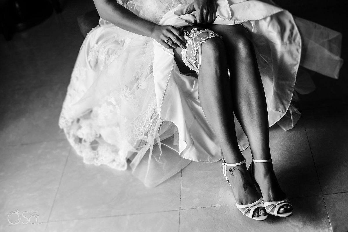Artistic black white garter photography wedding Royal Playa del Carmen Mexico