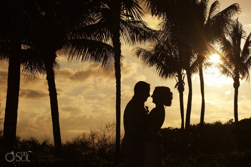 sunset silhouette beach portrait destination wedding Grand Velas Resort, Playa del Carmen, Mexico