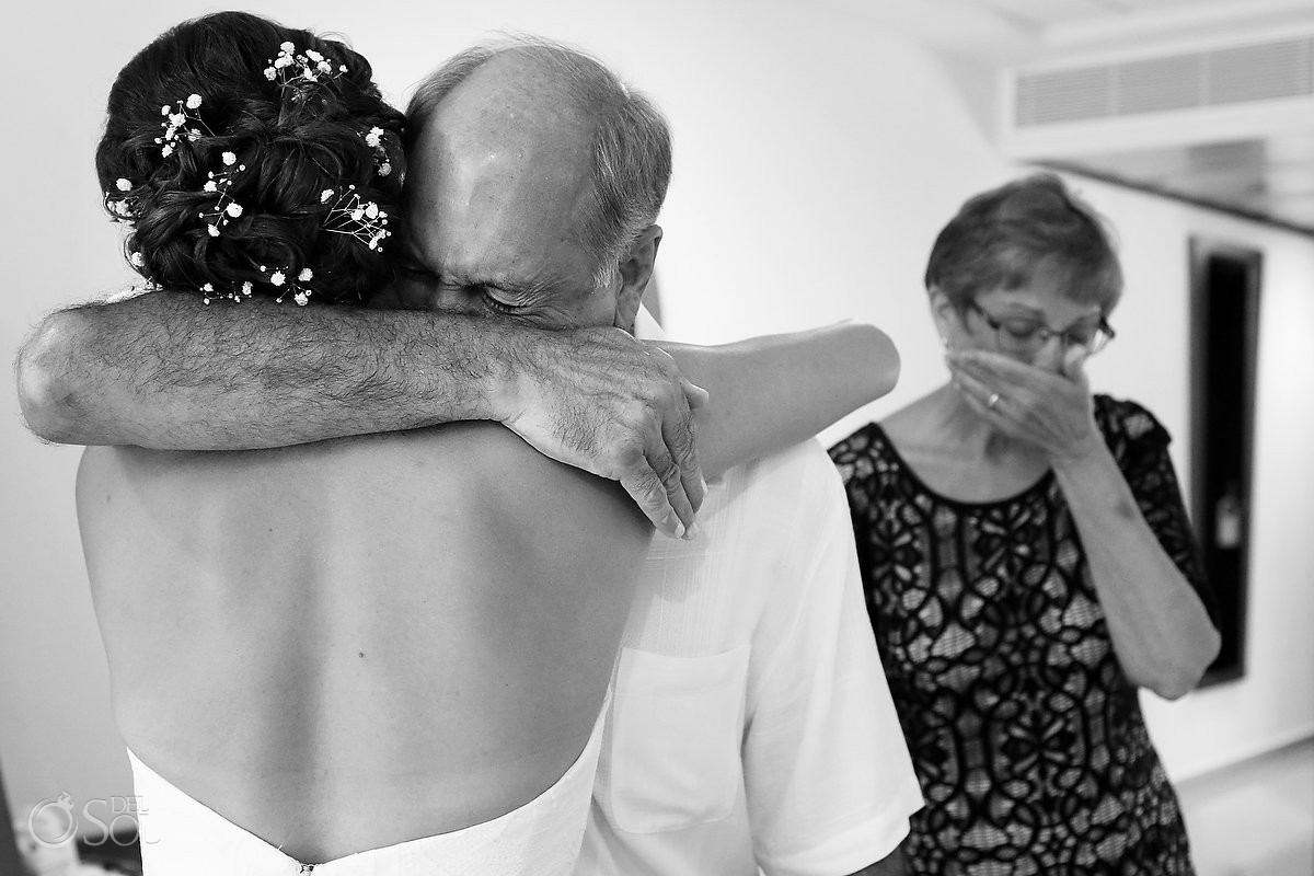 emotional destination wedding moment first look father of the bride getting ready Grand Sirenis Riviera Maya Mexico