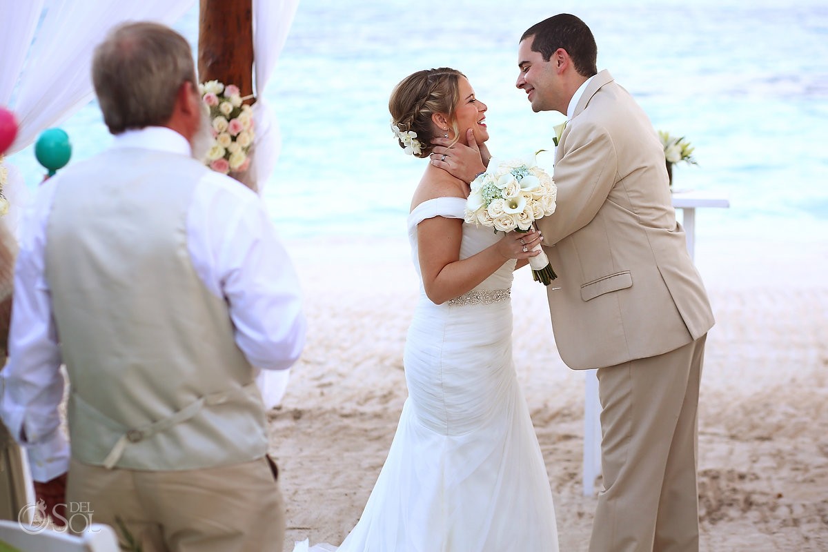 first kiss beach ceremony Riviera Maya destination wedding Secrets Akumal Mexico