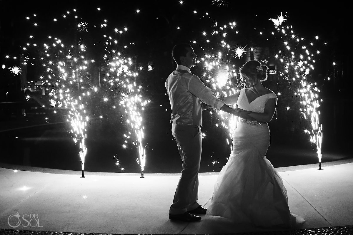 first dance with cold fireworks Riviera Maya Destination Wedding reception Secrets Akumal