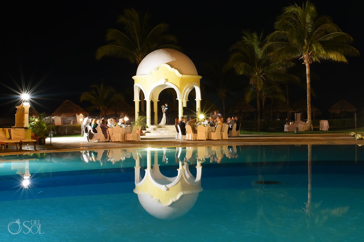 Secrets Capri pool gazebo wedding reception location poolside artistic bride groom portrait night