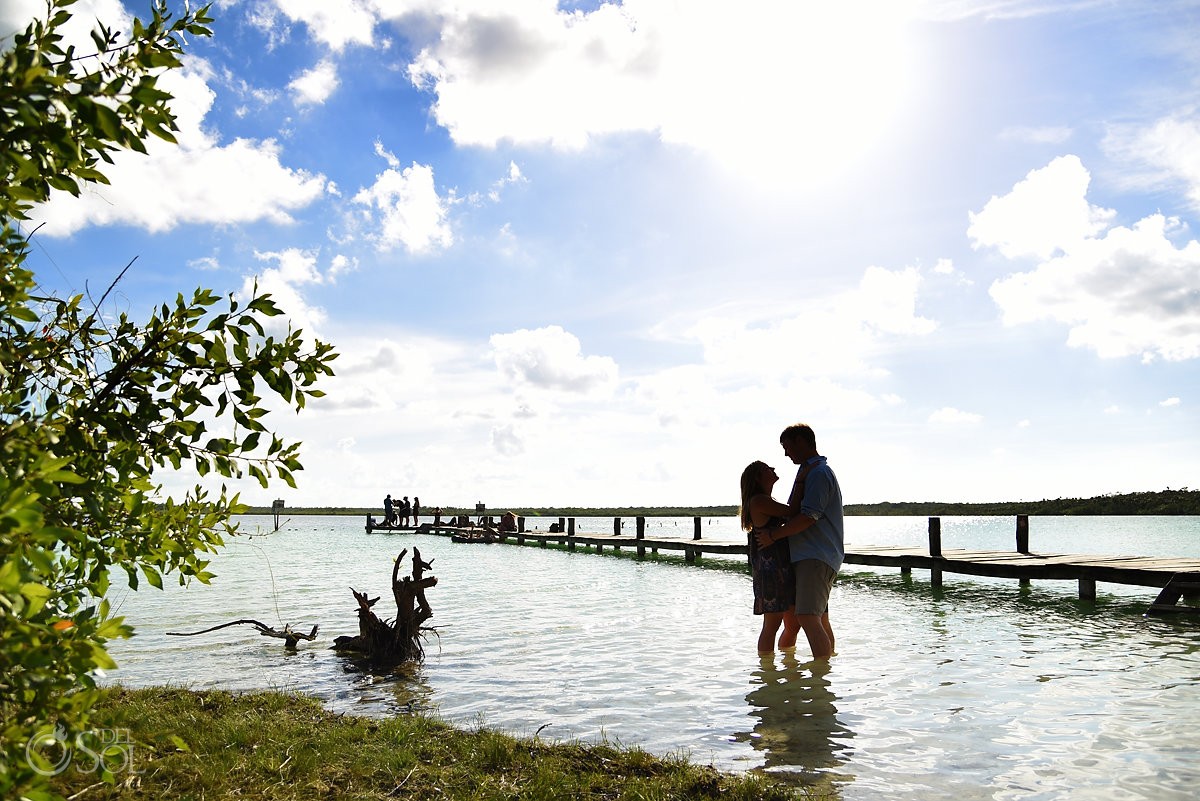 Tulum Engagement Portraits couple silhouette Riviera Maya lagoon