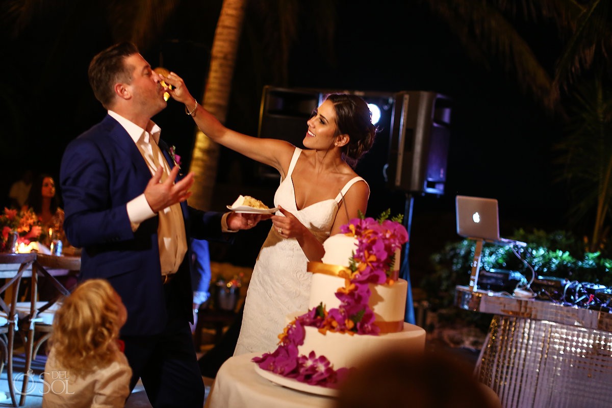 cake smash cake cutting poolside destination wedding reception Playa del Carmen Boutique hotel Viceroy Riviera Maya
