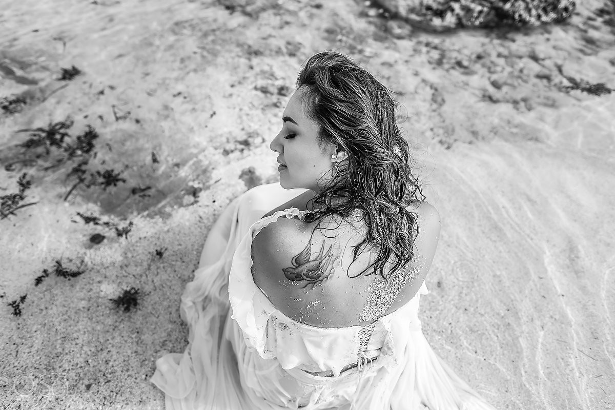 black and white sexy bride portrait beach trash the dress