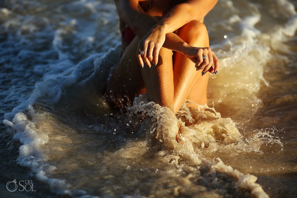 bikini swimwear shoot detail waves around feet Viceroy Riviera Maya Playa del Carmen Mexico
