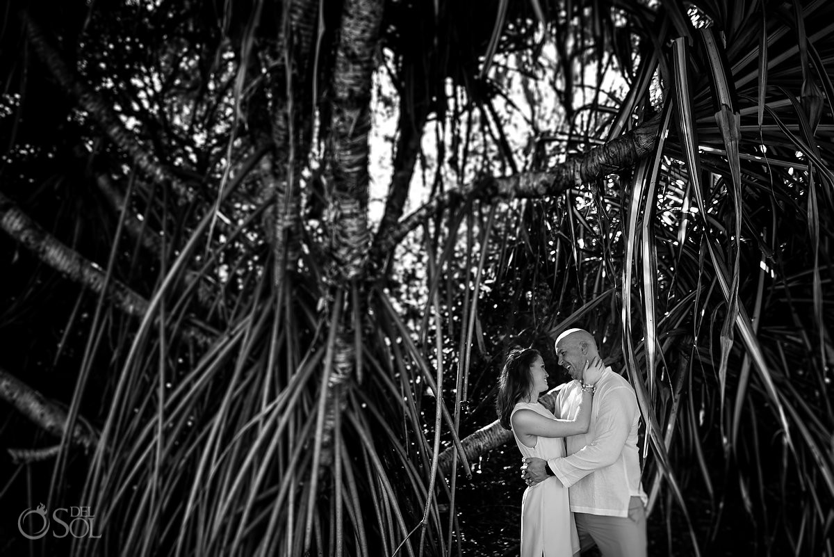 Honeymoon Portraits Dreams Tulum romantic black and white engagement photo mangrove