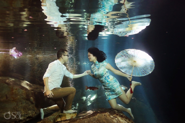 #Aworldofitsown Underwater Bride cenote trash the dress Riviera Maya Mexico