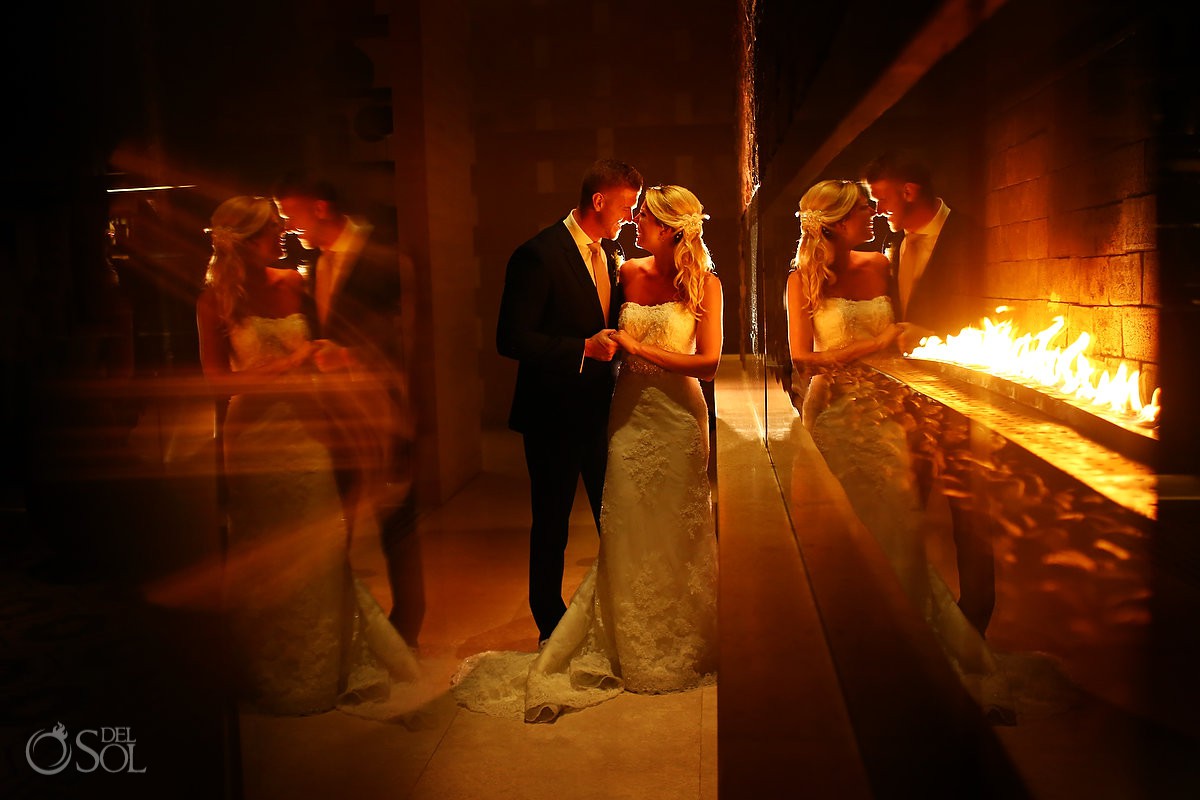 Destination Wedding portrait with fire Secrets the Vine Cancun Mexico #travelforlove