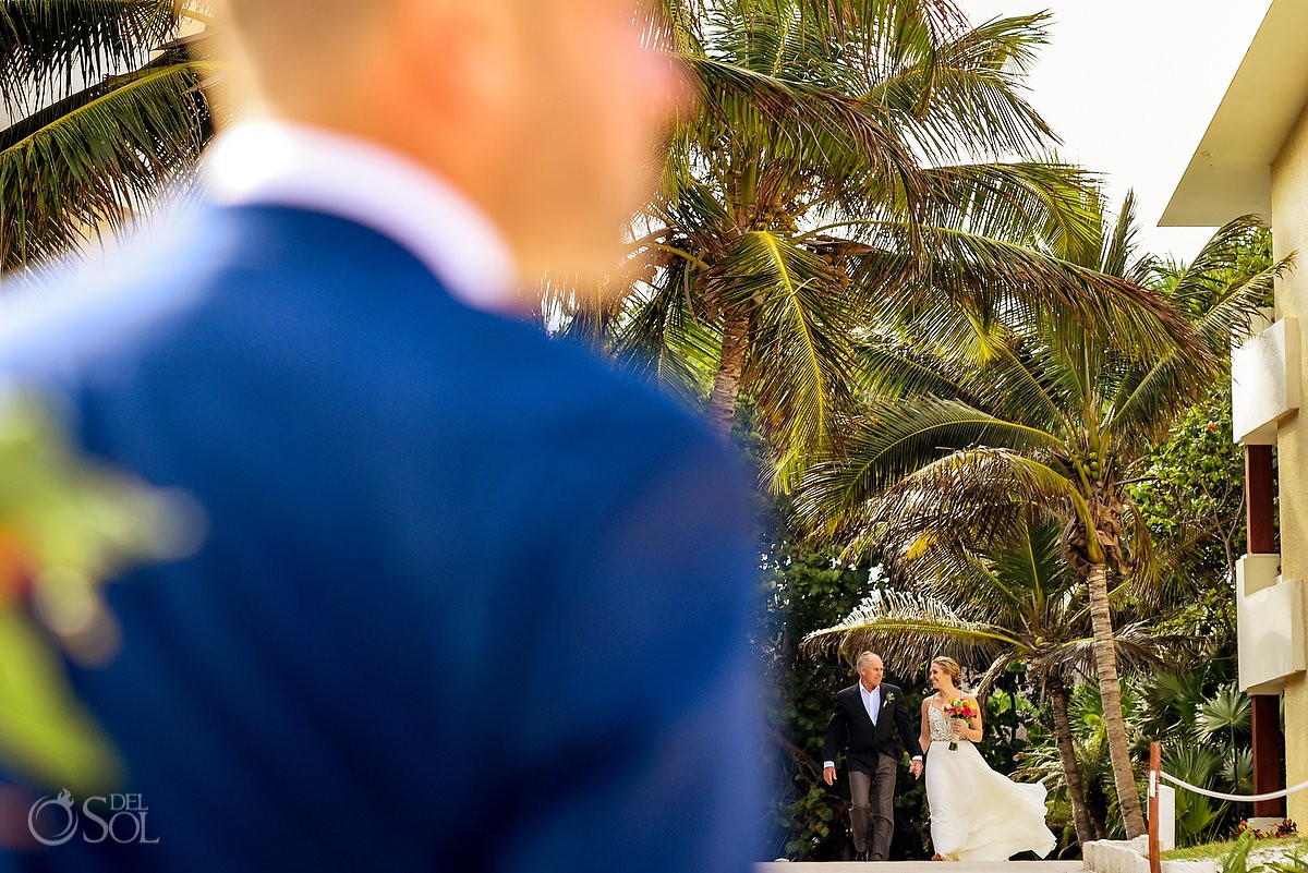 First look bride and groom destination wedding beach ceremony Now Sapphire Puerto Morelos Mexico