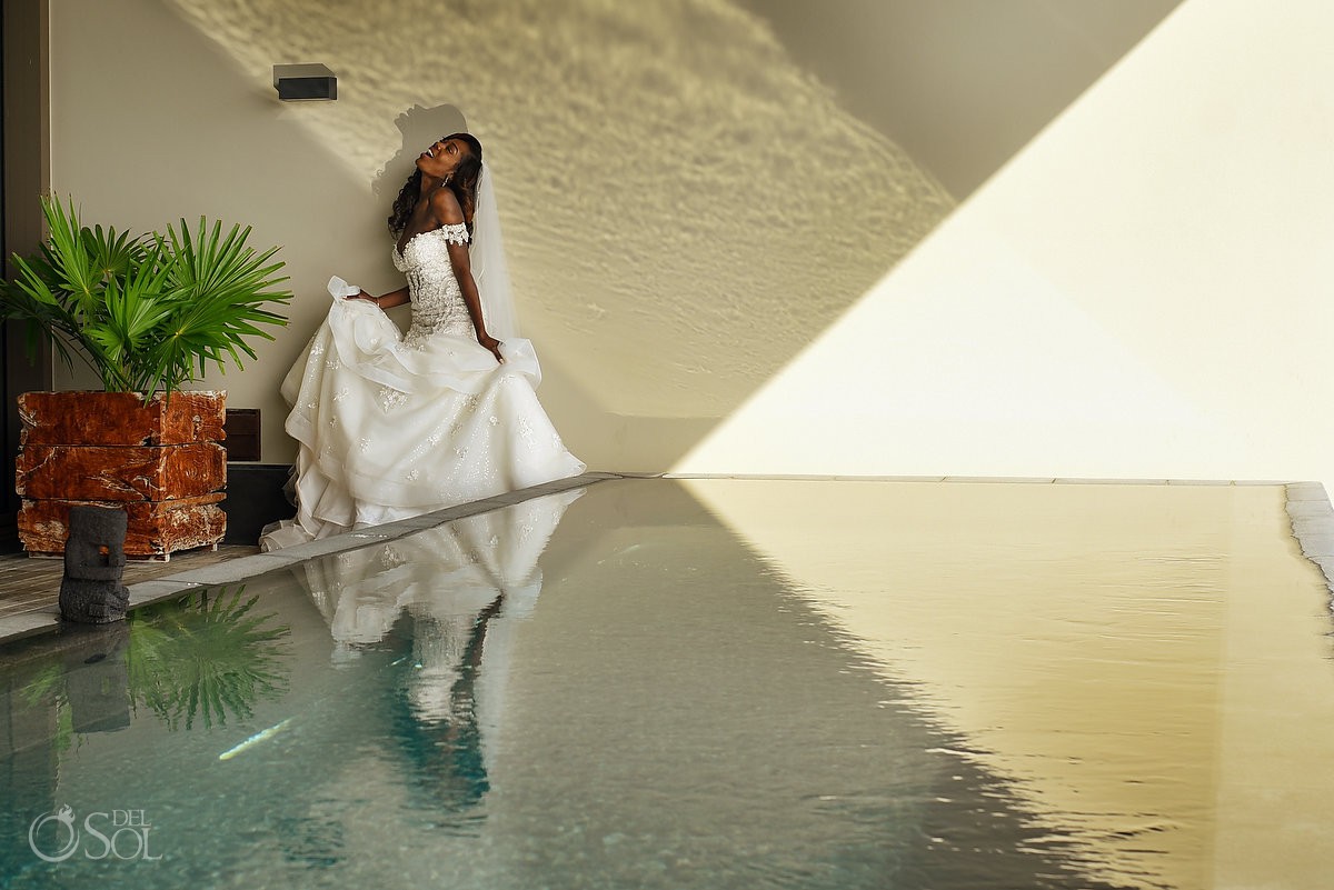 Beautiful Bride Laughs Reflection Nizuc Resort Cancun Mexico Destination Wedding