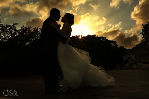 Bride and groom beach sunset portrait silhouette Destination Wedding Paradisus La Esmeralda Playa Del Carmen