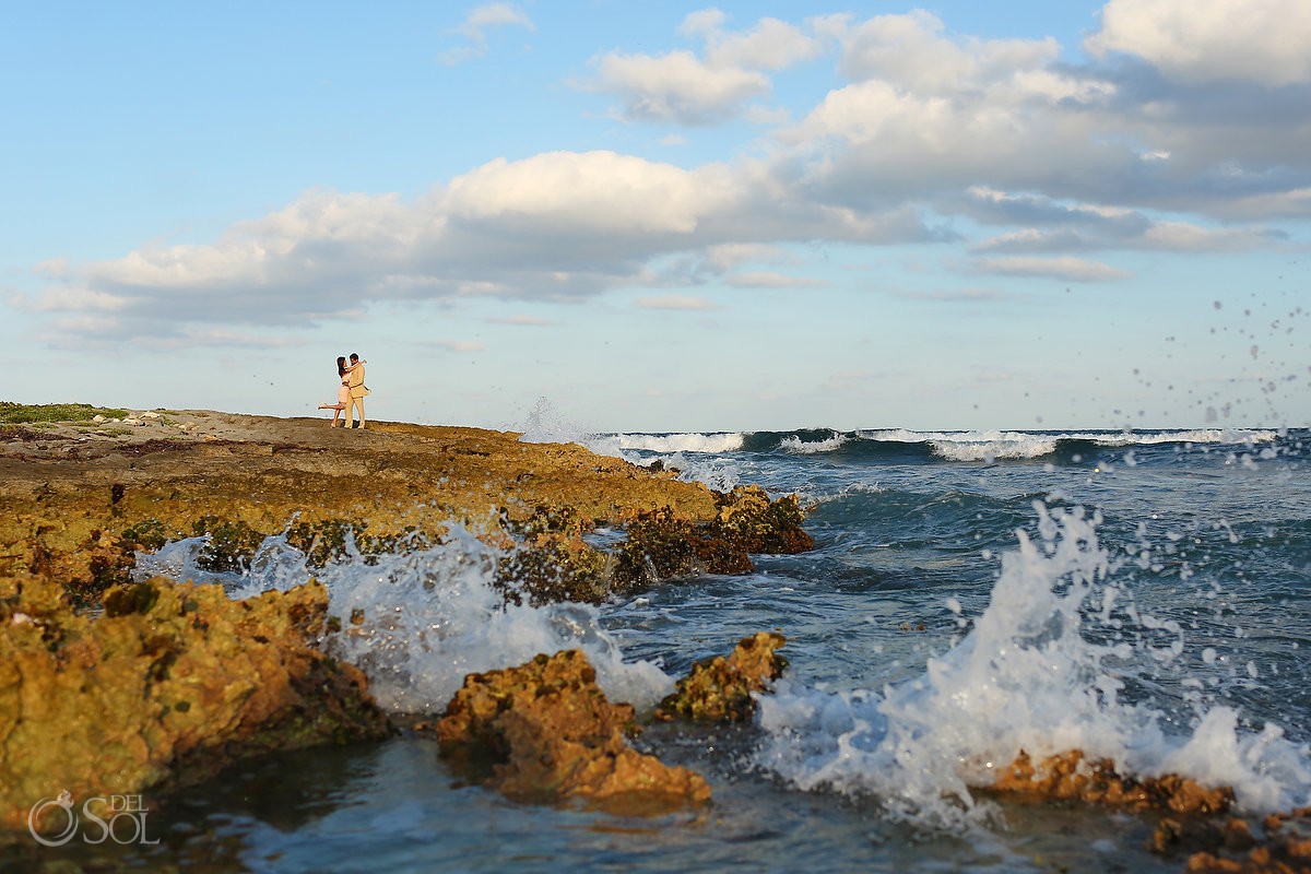 Scenic landscape photo waves crashing on rocks Grand Sirenis Riviera Maya Save the Date Engagement Session