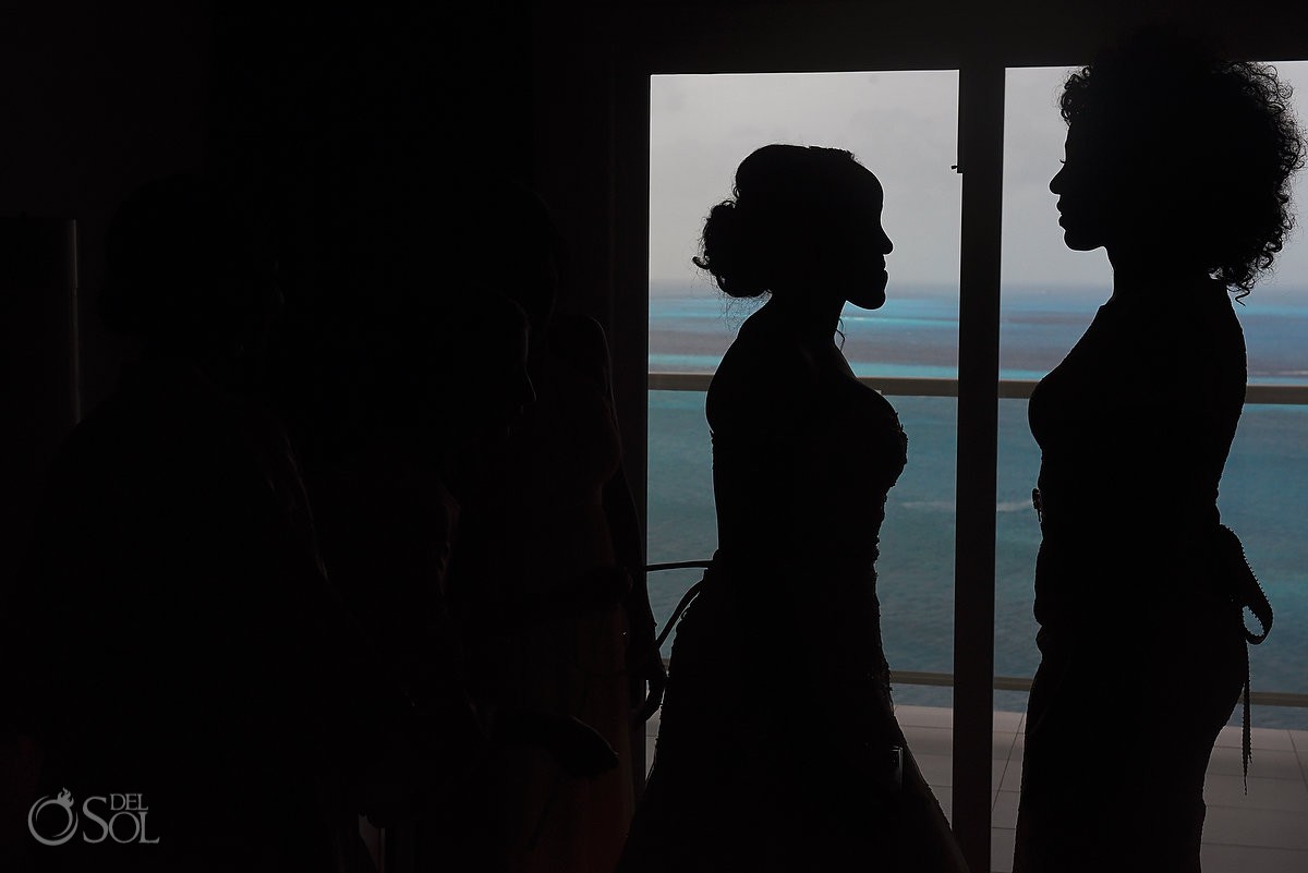 Bride getting ready silhouette mother Destination Wedding Riu Palace Peninsula Cancun Mexico