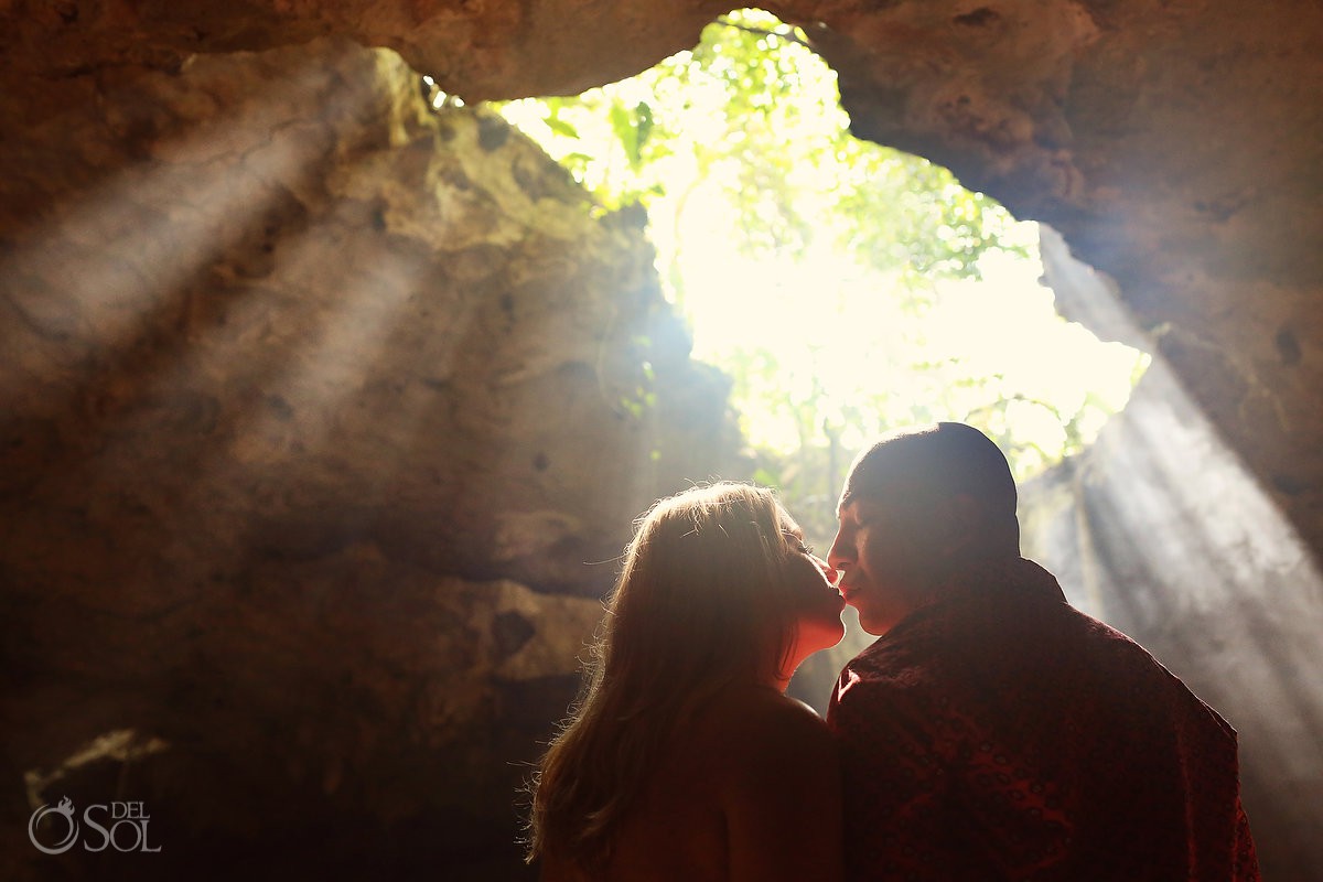 couple kiss Fairytale Mermaid Proposal Riviera Maya Cenote best wedding proposal ever