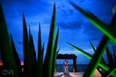 #TravelForLove creative bright color backlit night portrait Now Jade Riviera Cancun Puerto Morelos Destination wedding reception Mexico