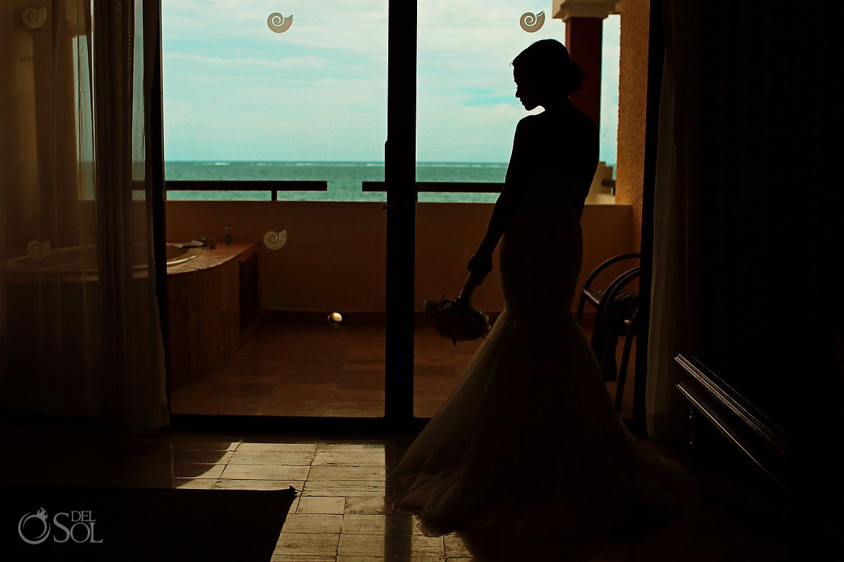 bride silhouette getting ready destination wedding Now Sapphire Riviera Cancun Mexico