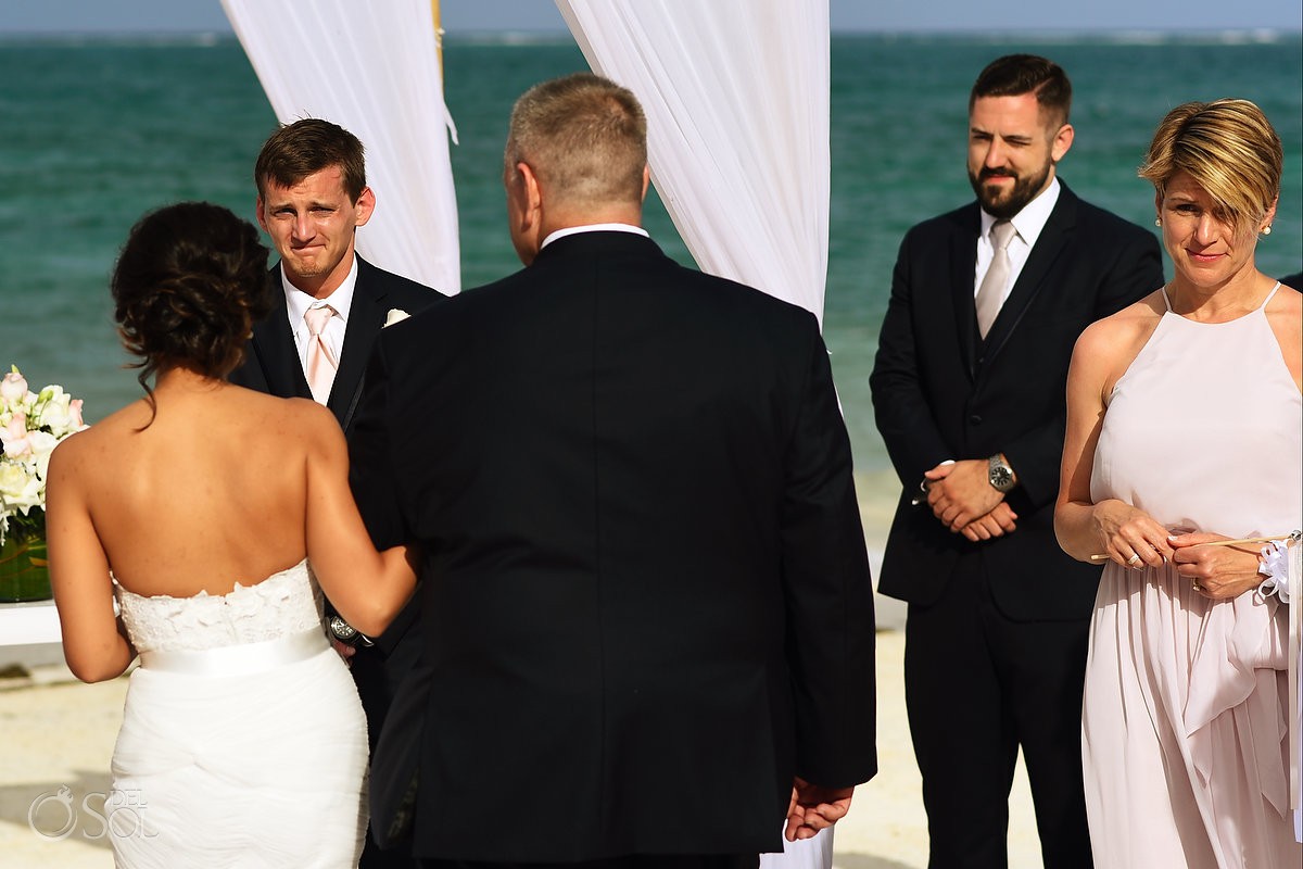 emotional groom first look beach wedding Now Sapphire Riviera Cancun Mexico
