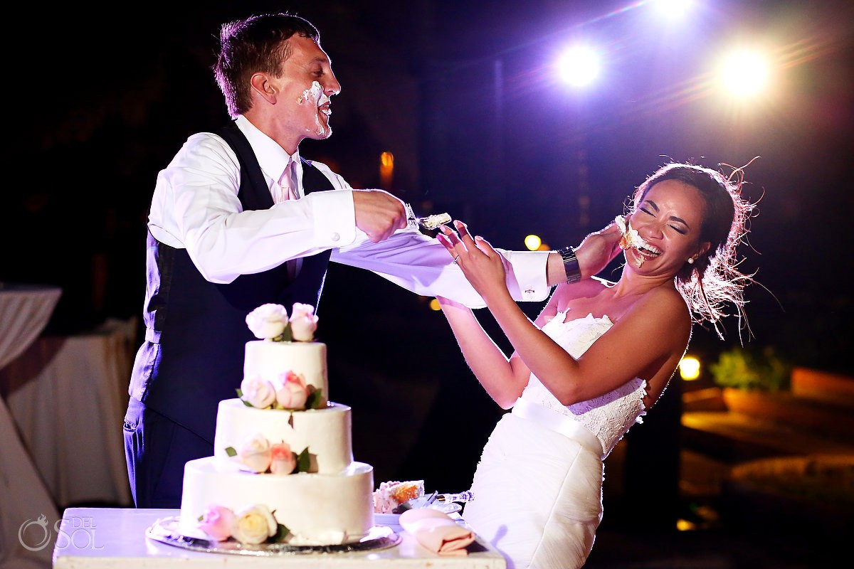 cake smash! funny wedding photos destination wedding reception Now Sapphire Riviera Cancun Mexico