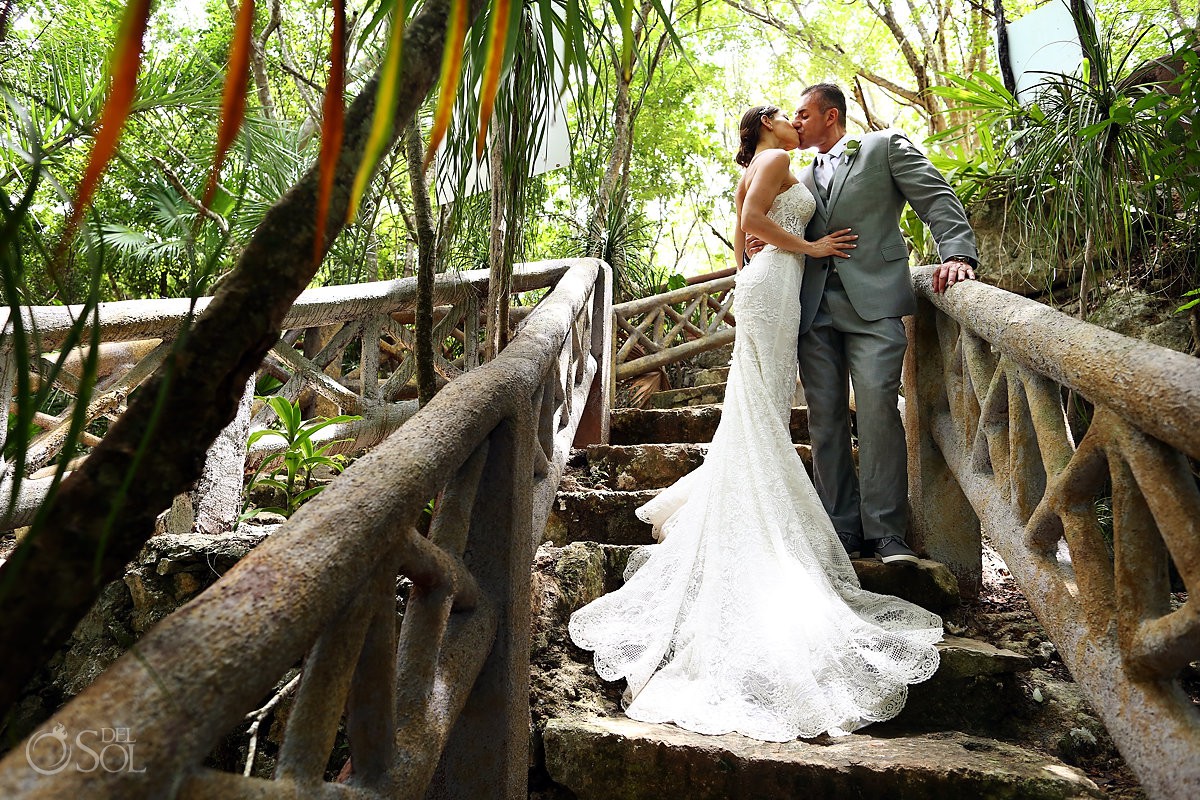 bride and groom jungle destination wedding portrait cenote trash the dress Riviera Maya Mexico