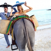 El Dorado Maroma wedding funny wedding photo with donkey and mexican sombreros