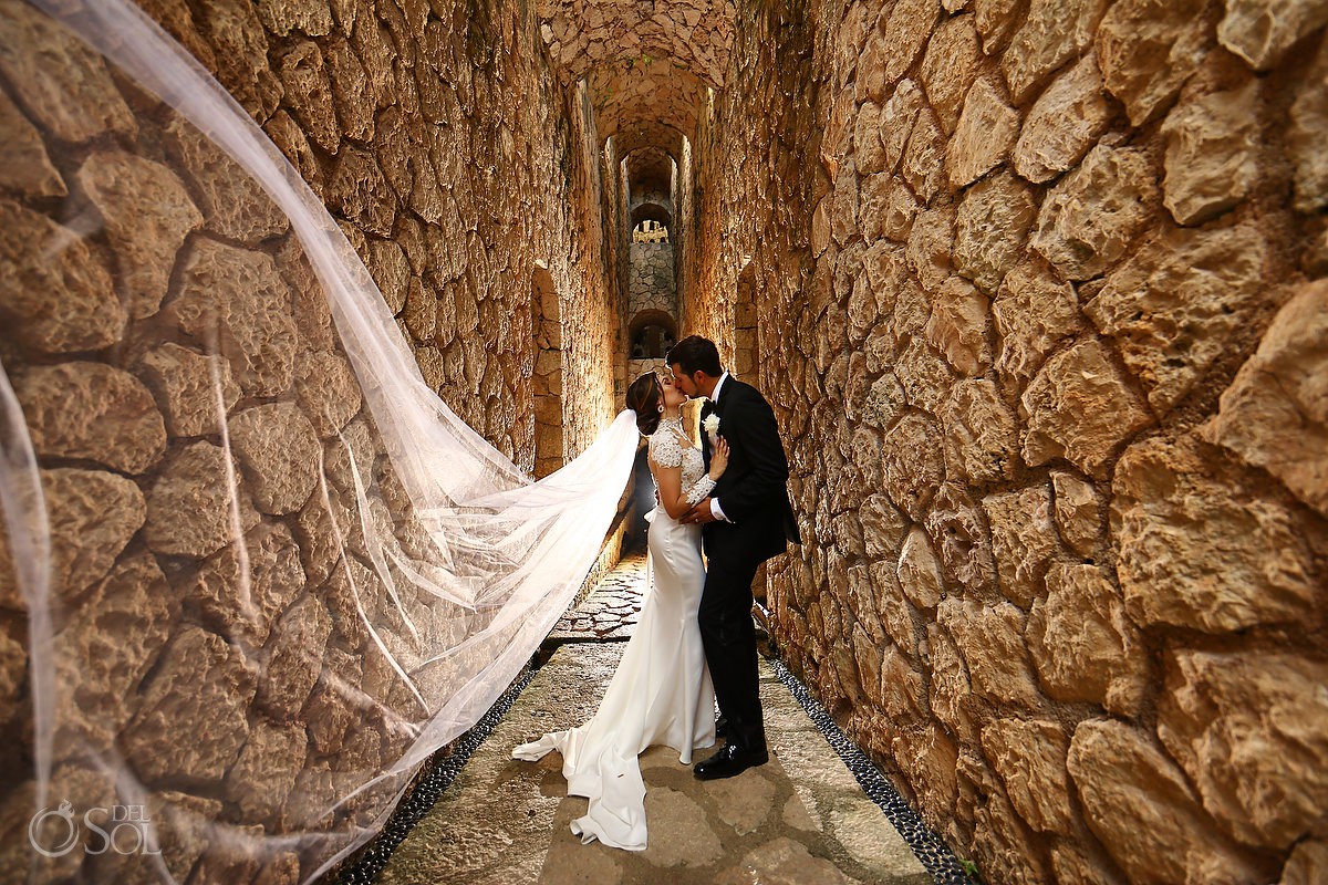 Bride and groom destination wedding portrait Xcaret Park Riviera Maya Mexico