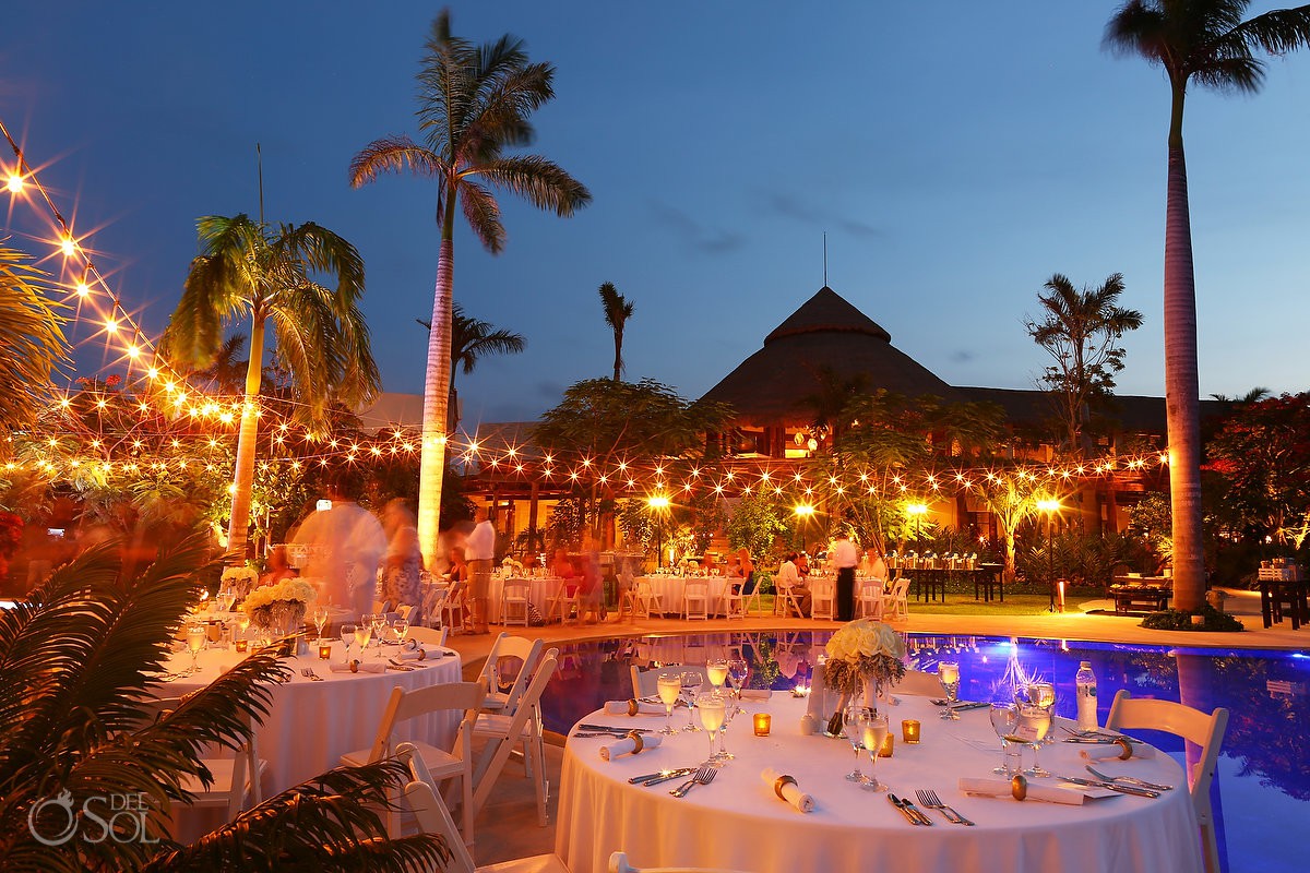long exposure destination wedding reception setup poolside Secrets Akumal, Riviera Maya, Mexico