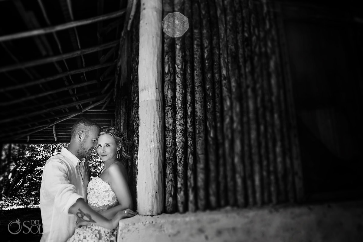 Bride and groom creative black and white romantic wedding portrait Tulum Mexico