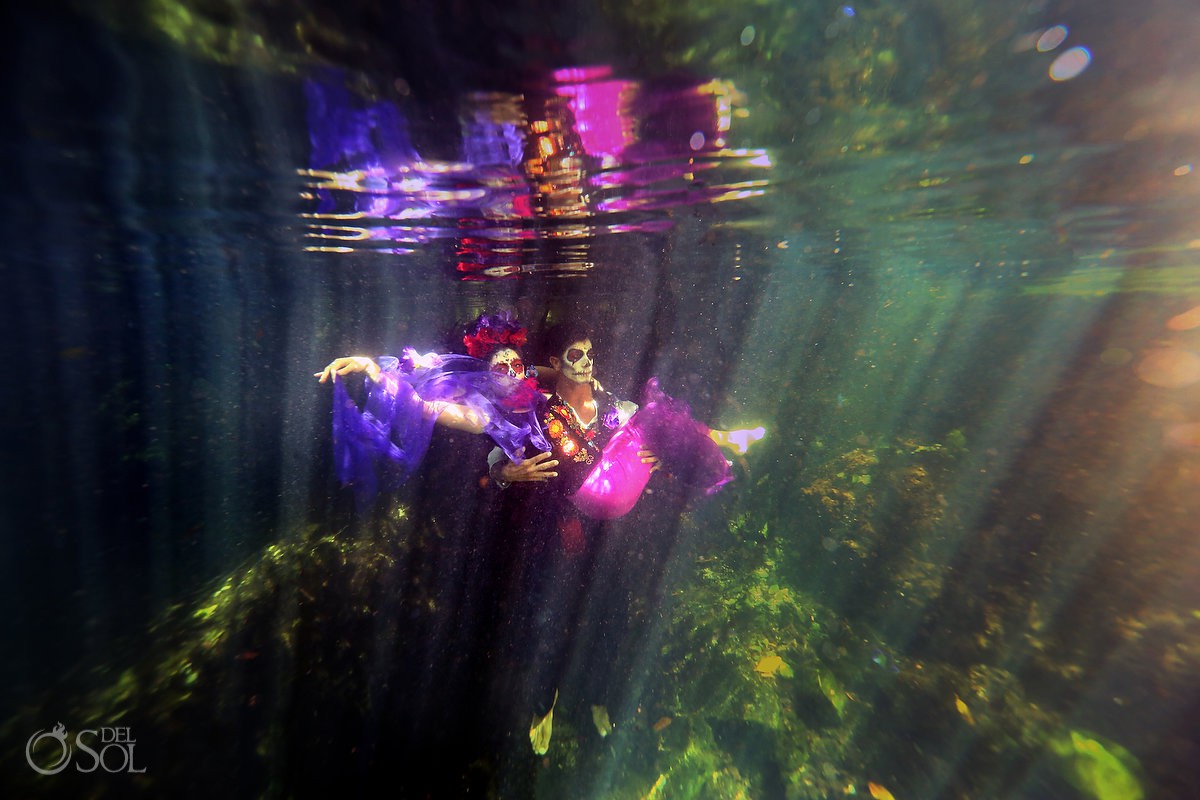 Day of the Dead couple underwater photoshoot cenote Riviera Maya