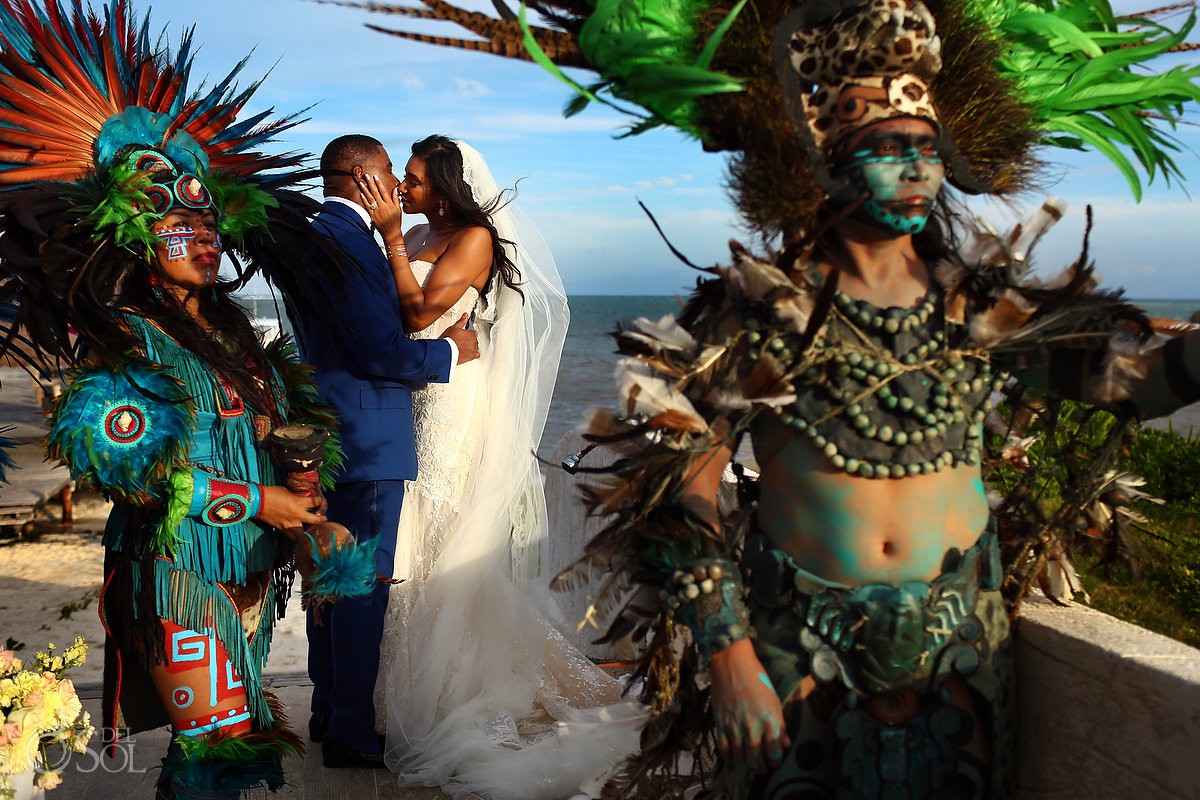 First kiss Mayan Ceremony Wedding Kay Club Bahia Petempich Cancun Mexico