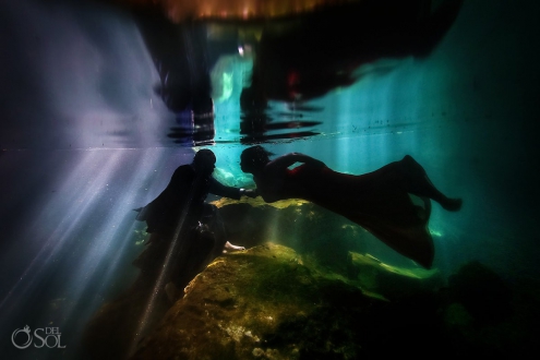 Underwater trash the dress couple silhouette Riviera Maya Mexico