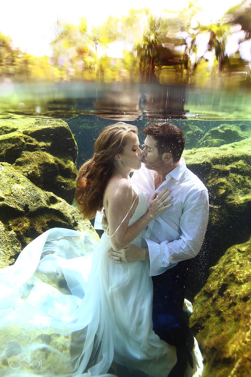 bride and groom beautiful wedding portrait underwater Cenote Trash the Dress Riviera Maya Mexico