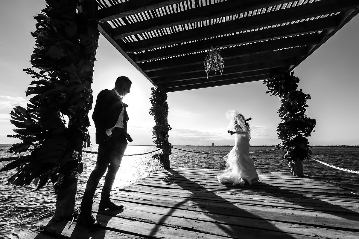 Black and white bride and groom creative wedding photography Cancun Elopement Nizuc Resort and Spa Mexico