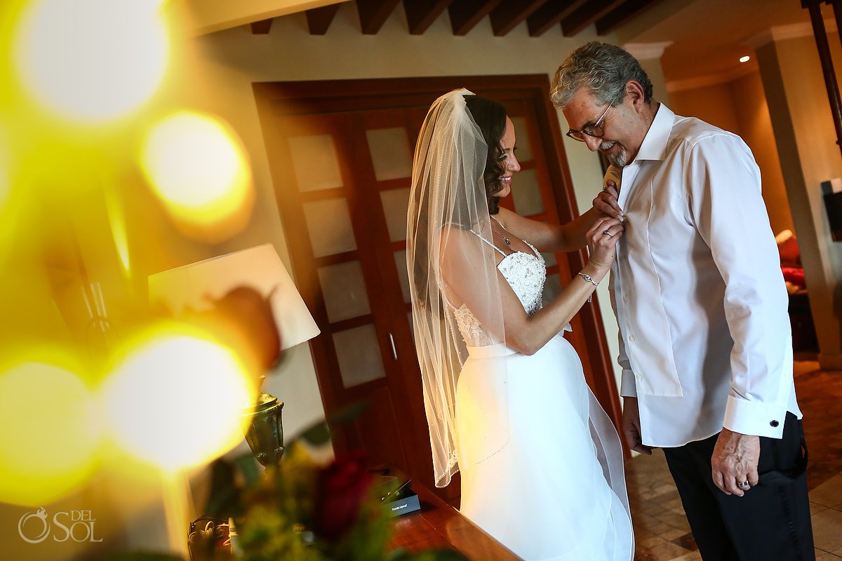 bride and father wedding day getting ready moments before ceremony Valentin Imperial Maya Playa del Carmen Mexico