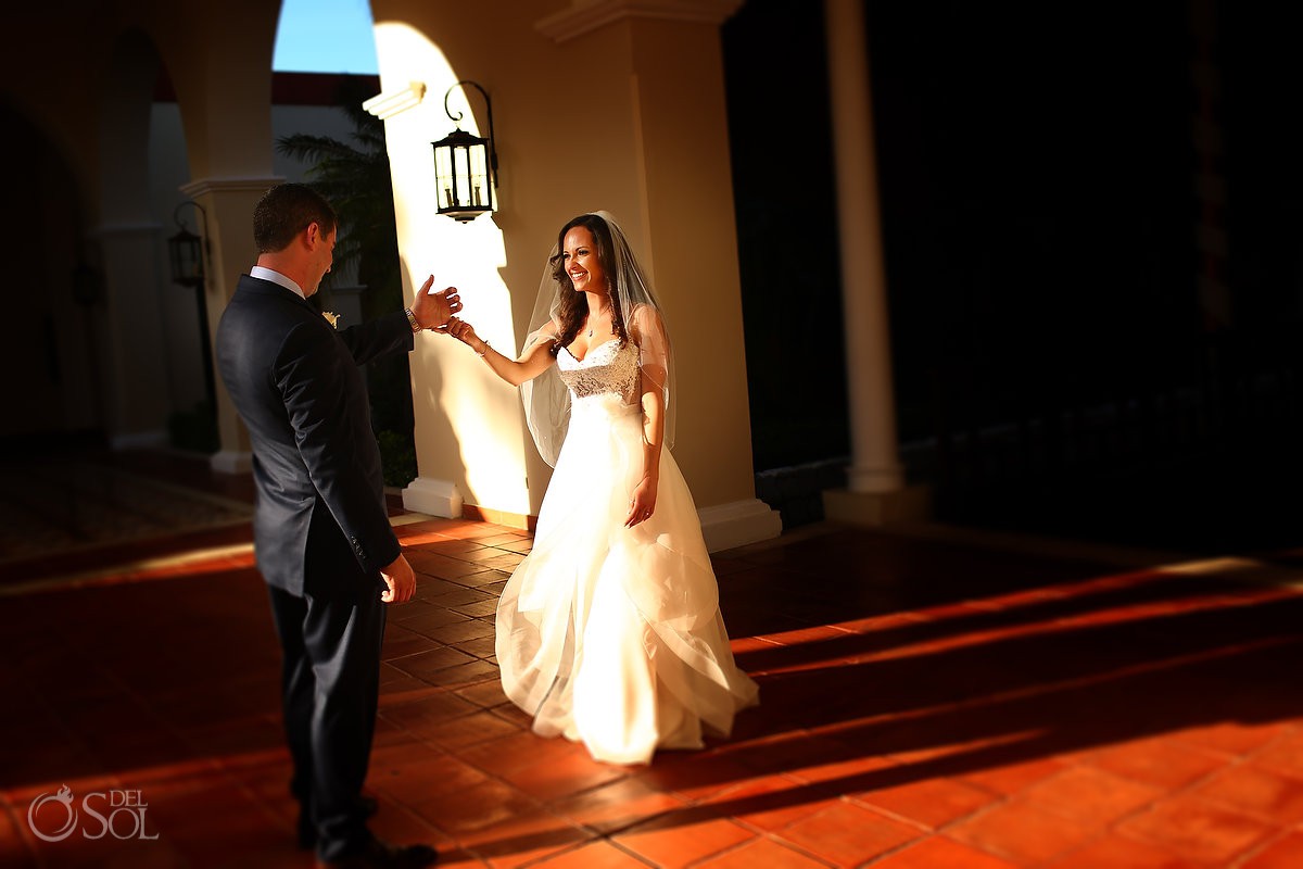 Emotional bride and groom first look Valentin Imperial Maya Playa del Carmen Mexico