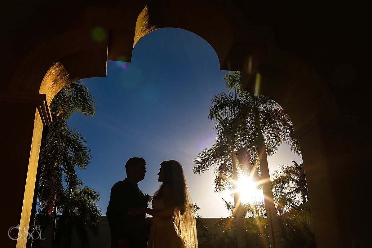 bride and groom first look portraits silhouette Valentin Imperial Maya Wedding Playa del Carmen Mexico
