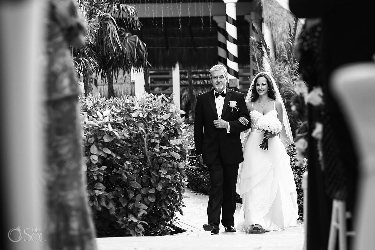 father giving away bride walking to the aisle destination wedding Valentin Imperial Maya Playa del Carmen Mexico