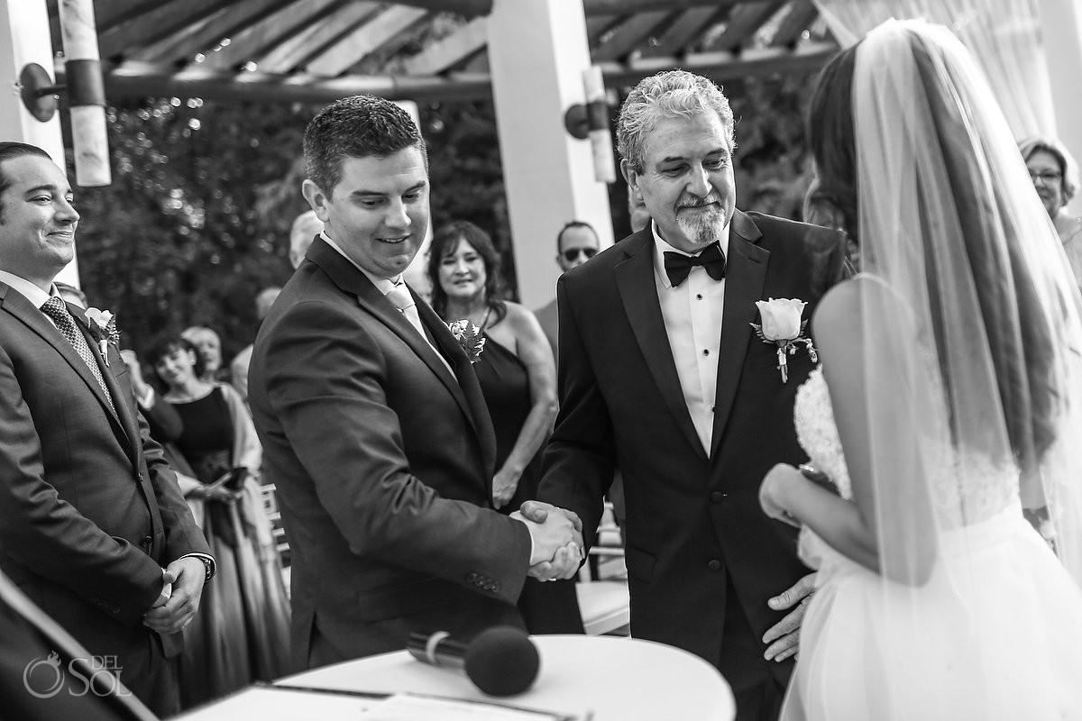 father given away daughter wedding day black and white wedding portrait Valentin Imperial Maya Playa del Carmen Mexico