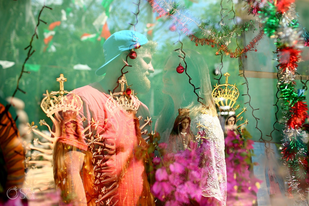 Couples reflection Guadalupe altar honeymoon photography trash the dress Riviera Maya Mexico