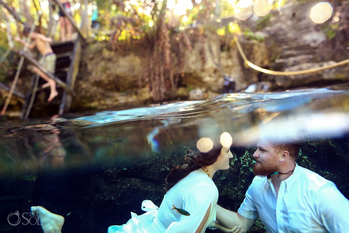 honeymoon underwater photography trash the dress Riviera Maya Mexico