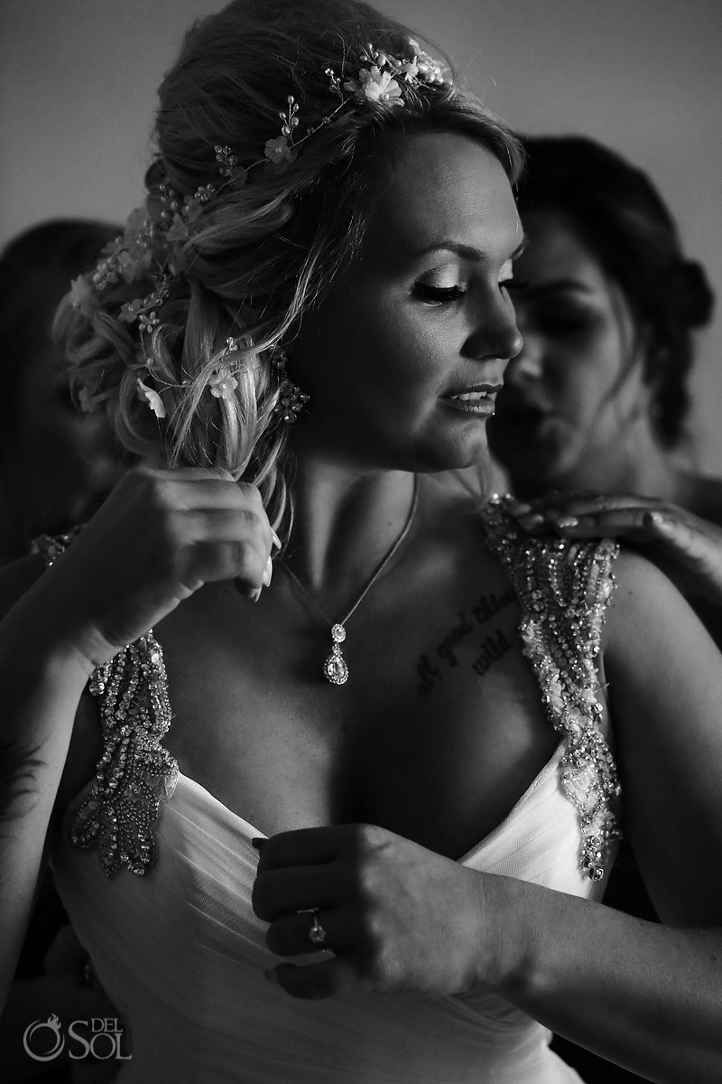 bride getting ready black and white Secrets Capri South Beach Wedding photo