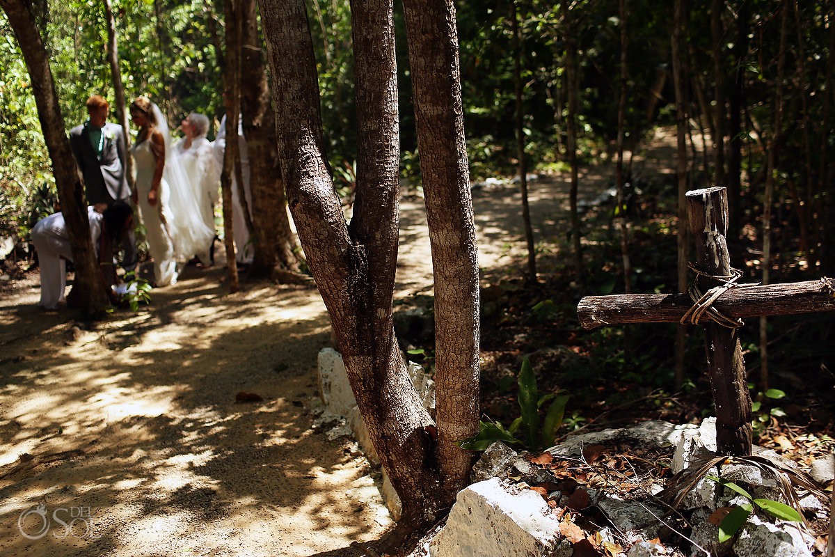 wooden cross Cenote Elopement bride groom walking through jungle Riviera maya Mexico