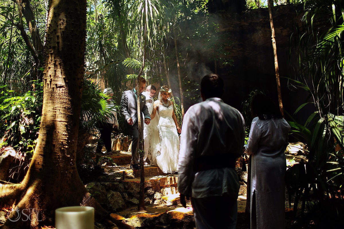 Ceremony entrance Cenote Elopement bride groom jungle cenote Riviera maya Mexico